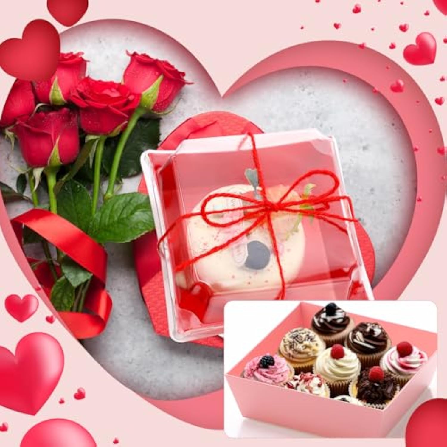 50 Pack Valentine‘S Day Charcuterie Boxes With Clear Lids And Rope 4 Disposable Square Dessert Boxes Pink Red Food Box Charcuterie Container For Valentines Mothers Day Wedding Party Favors