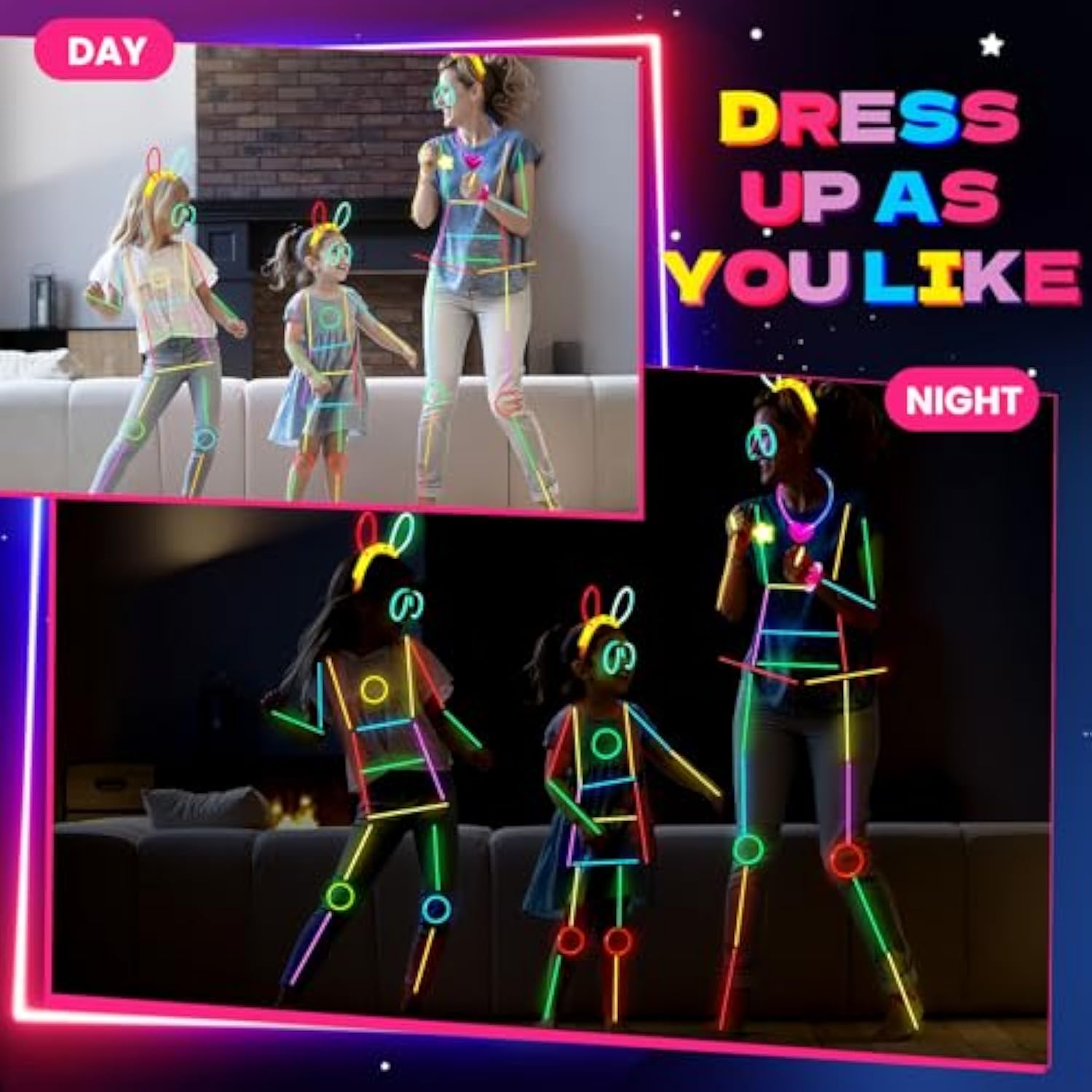 8 Set Glow Stick Figure Costume, 612 Pcs Light Up Stick Figure Costume, Glow In The Dark Outfits, Include Eyeglasses, Earring, Rings, Badge For Halloween(8,Transparent)