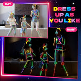 8 Set Glow Stick Figure Costume, 612 Pcs Light Up Stick Figure Costume, Glow In The Dark Outfits, Include Eyeglasses, Earring, Rings, Badge For Halloween(8,Transparent)
