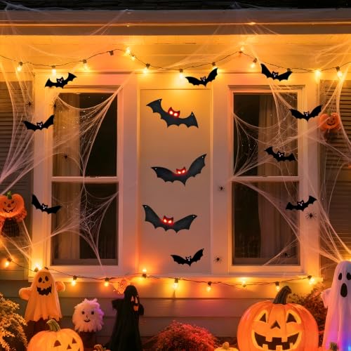 Lighted Halloween Hanging Bats, 12 Pack Halloween Decorations Outdoor Scary Large Black Hanging Flying Bat with LED Lights Spooky Glow Eyes Waterproof for Bedroom Window Wall Decor Indoor Clearance