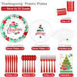 176 Pieces Of Christmas Plates - Disposable Plastic Dinnerware Set - Christmas Tree Includes 50 Plates 75 Plastic Silver Cutlery 25 Cups 25 Napkins And Tablecloths