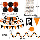 Black Orange Happy Birthday Banner Triangle Flag Bunting with Confetti Dots and Streamers