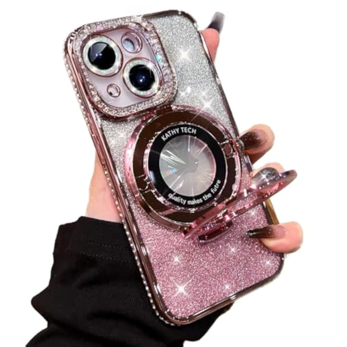 Magnetic Bling Case for iPhone 15 with Holder Stand, Compatible with Magsafe, Rhinestone Camera Lens Protector for Women, Girly Cute Phone Cover for iPhone 15 6.1" (Pink)