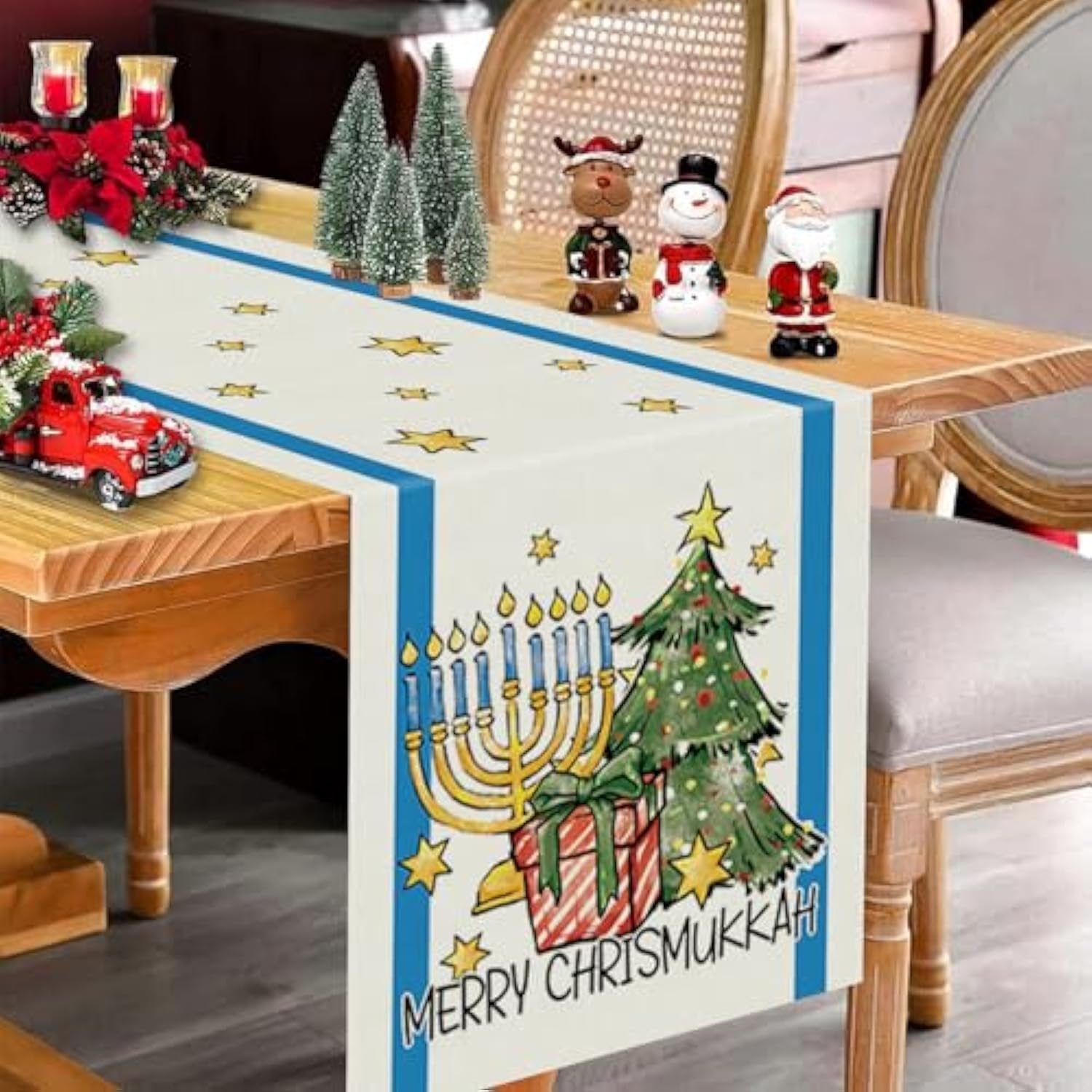 Merry Chrismukkah Table Runner Menorah Star Of David Jewish Christmas Tree Chanukah Xmas Festival Home Kitchen Dining Table Decoration 13X72 Inch