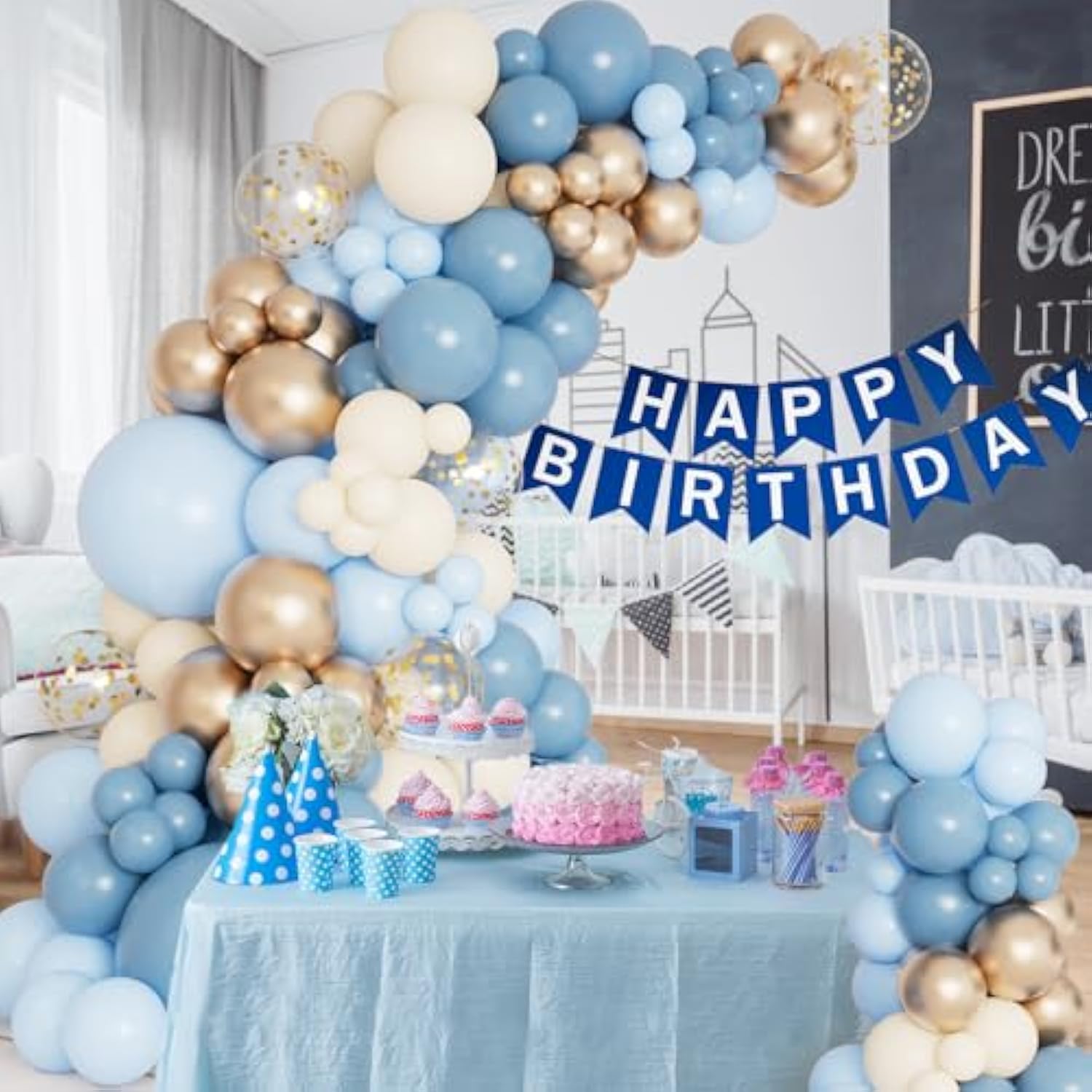 Dusty Baby Blue Balloon Arch Garland Kit, Different Sizes 18 12 10 5 Inch Pastel Baby Blue Slate Fog Ivory White Metallic Gold Balloons For Men Boy Baby Shower Birthday Wedding Party Supplies