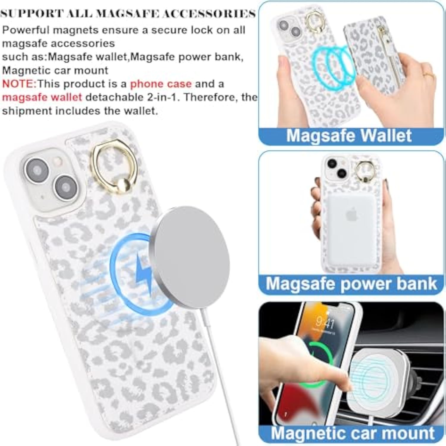For Iphone 15 Phone Case With Card Holder With Compatible Magsafe Magnetic, Key Chain Pu Leather Flip Kickstand Detachable 2-In-1 Wallet Case For Apple15 Women Men-White Leopard