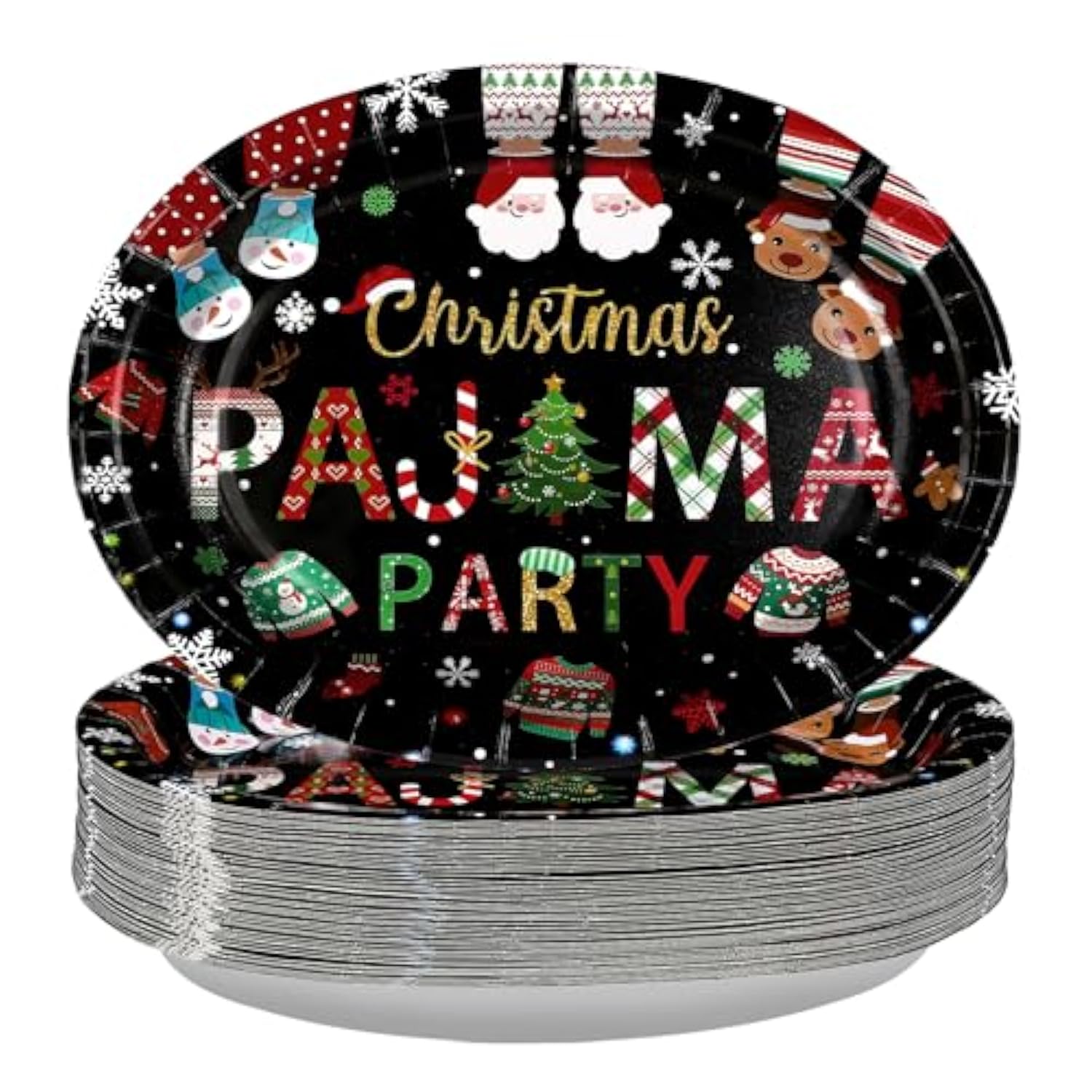 50Pcs Christmas Pajama Oval Paper Plates 10" X 12" Large Disposable Heavy Duty Black Merry Xmas Tree Santa Sweater Plates Funny Christmas Platters For Happy Winter Birthday Holiday Party Decorations