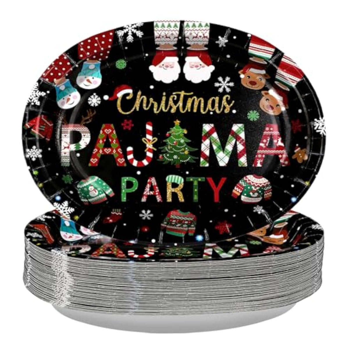 50Pcs Christmas Pajama Oval Paper Plates 10" X 12" Large Disposable Heavy Duty Black Merry Xmas Tree Santa Sweater Plates Funny Christmas Platters For Happy Winter Birthday Holiday Party Decorations
