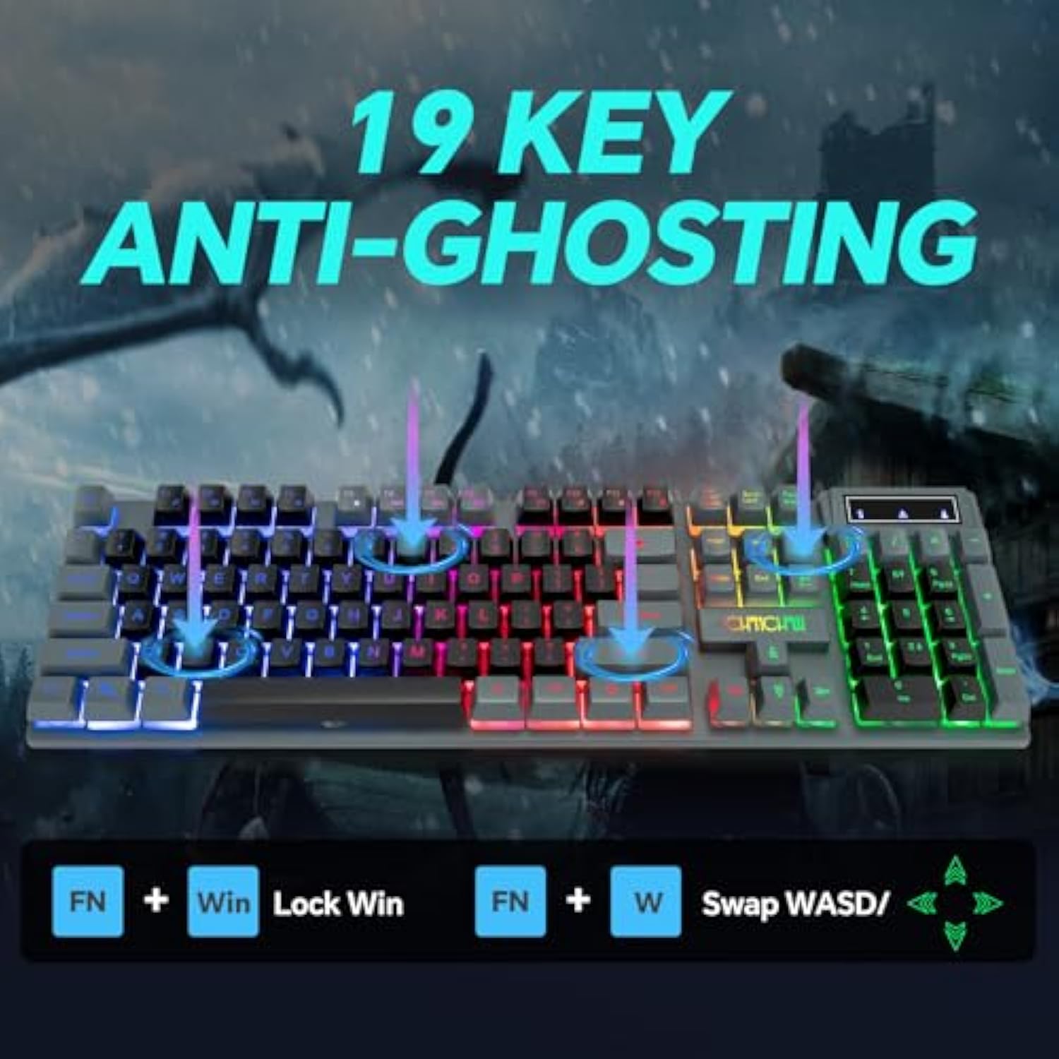 CHONCHOW Gaming Keyboard and Mouse Combo LED Backlit 104Keys Full Size Keyboard Light Up USB Wired Mechanical Feel 3600 DPI Gaming Mic for Windows PC Mac Xbox Gamer, Black&Grey