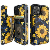 Wallet Case Card Holder for iPhone 13 Mini, Blooming Sunflowers - 3 Card Slots, Stand Function, Protective Cover