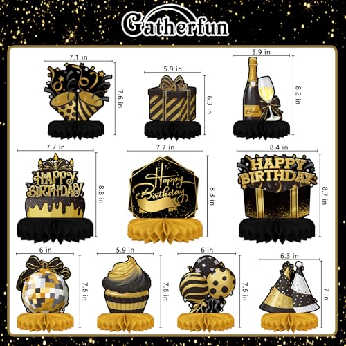 Happy Birthday Decorations Set - Black and Gold Birthday Themed Honeycomb Centerpiece, Table Decoration for Women Men Black and Gold Party Decorations