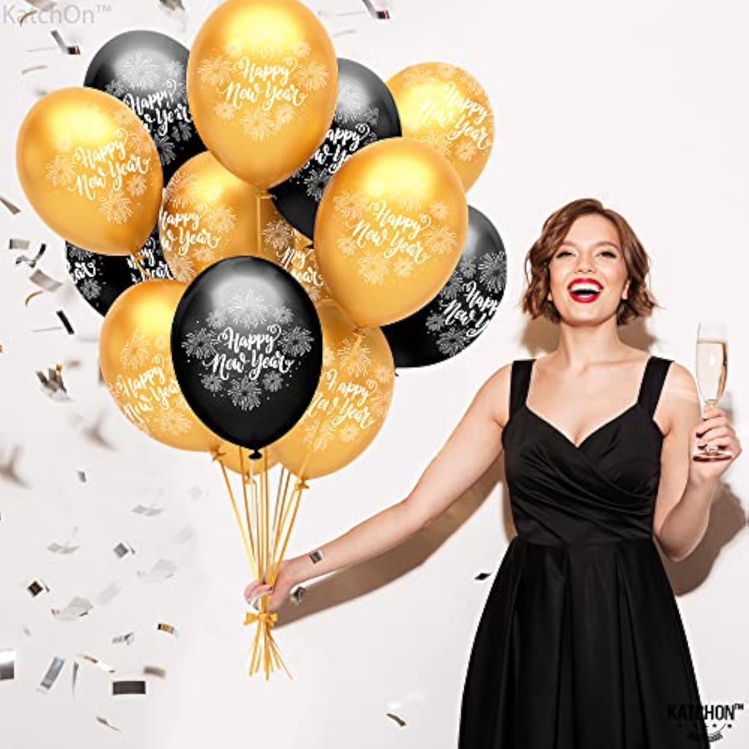 50 Pcs Black Gold Happy New Year 2026 Latex Balloons Party Supplies