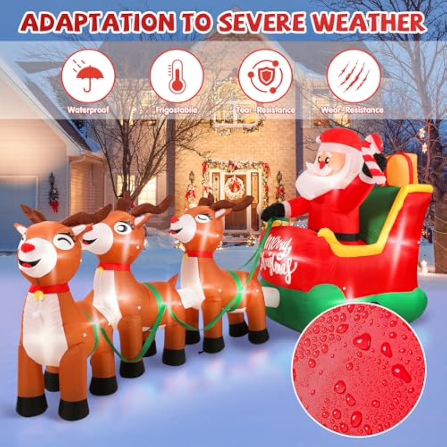 Christmas Inflatables, 12 Ft Santa Claus On Sleigh With Three Reindeer, Blow Up Inflatables With Built-In Leds, Candy Ca