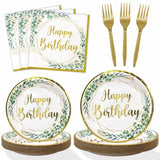 Neutral Sage Green Birthday Decorations Plates Set For 25 Guests, Glitter Foil Gold Print Happy Birthday Plates Napkins Forks Party Decorations