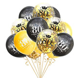 80th Birthday Balloons: Black & Gold Confetti, 15-Pack