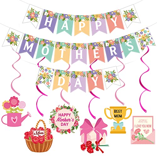 Happy Mothers Day Banner and Mothers Day Hanging Swirls Decorations Happy Mother's Day Sign Banner Decorations for Mother's Day Party Photo Props Backdrop