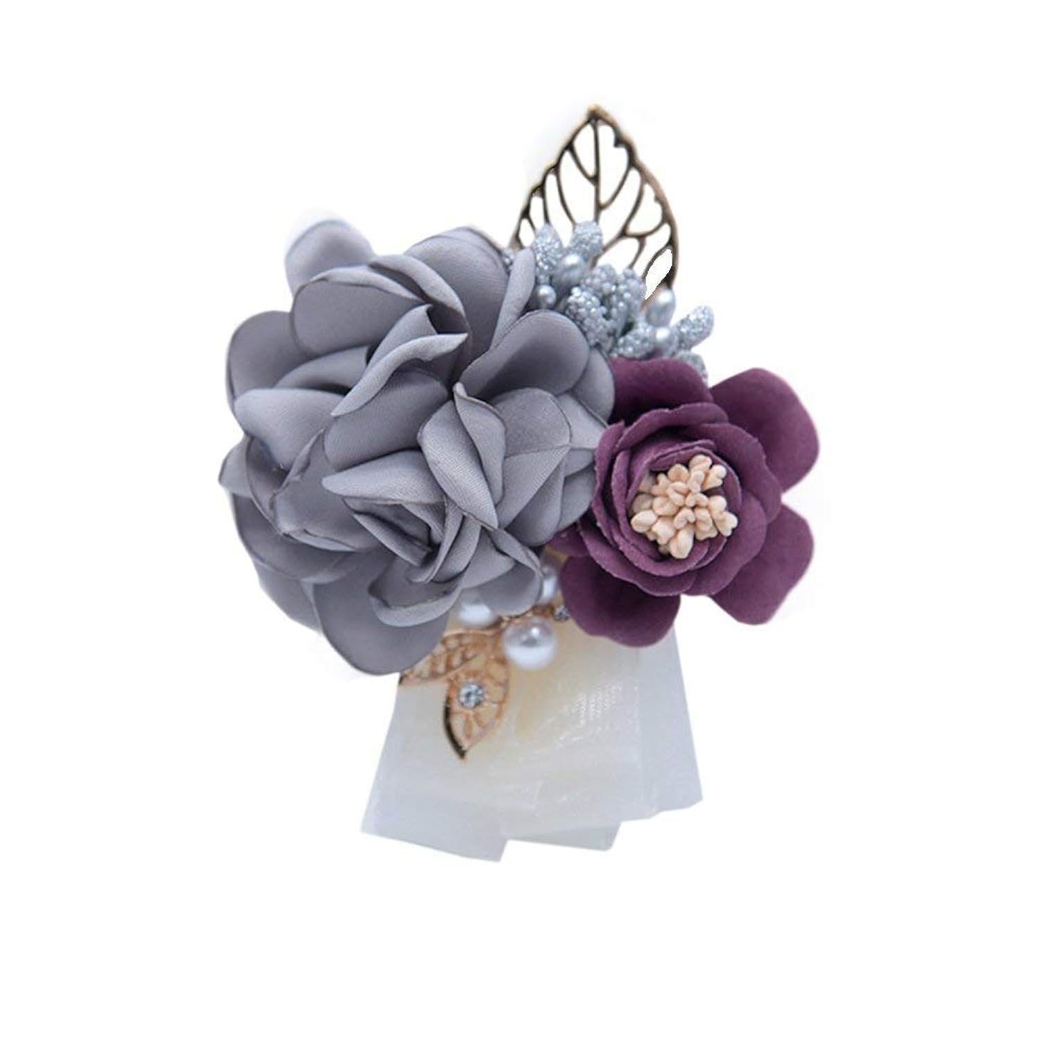 Rose Wedding Wrist Corsage And Boutonniere Set Party Prom Hand Ribbon Flower Suit Decor (Light Gray)