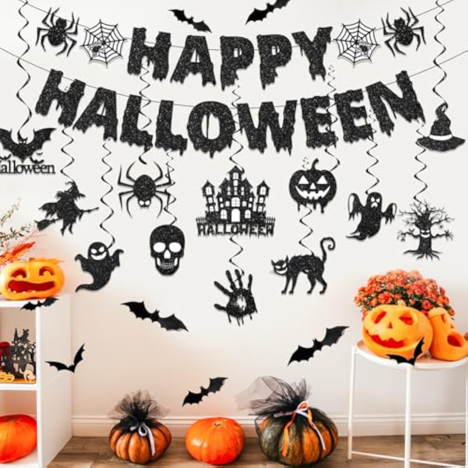Glitter Black Happy Halloween Banner Hanging Decoration for Party Wall Home Office Decor