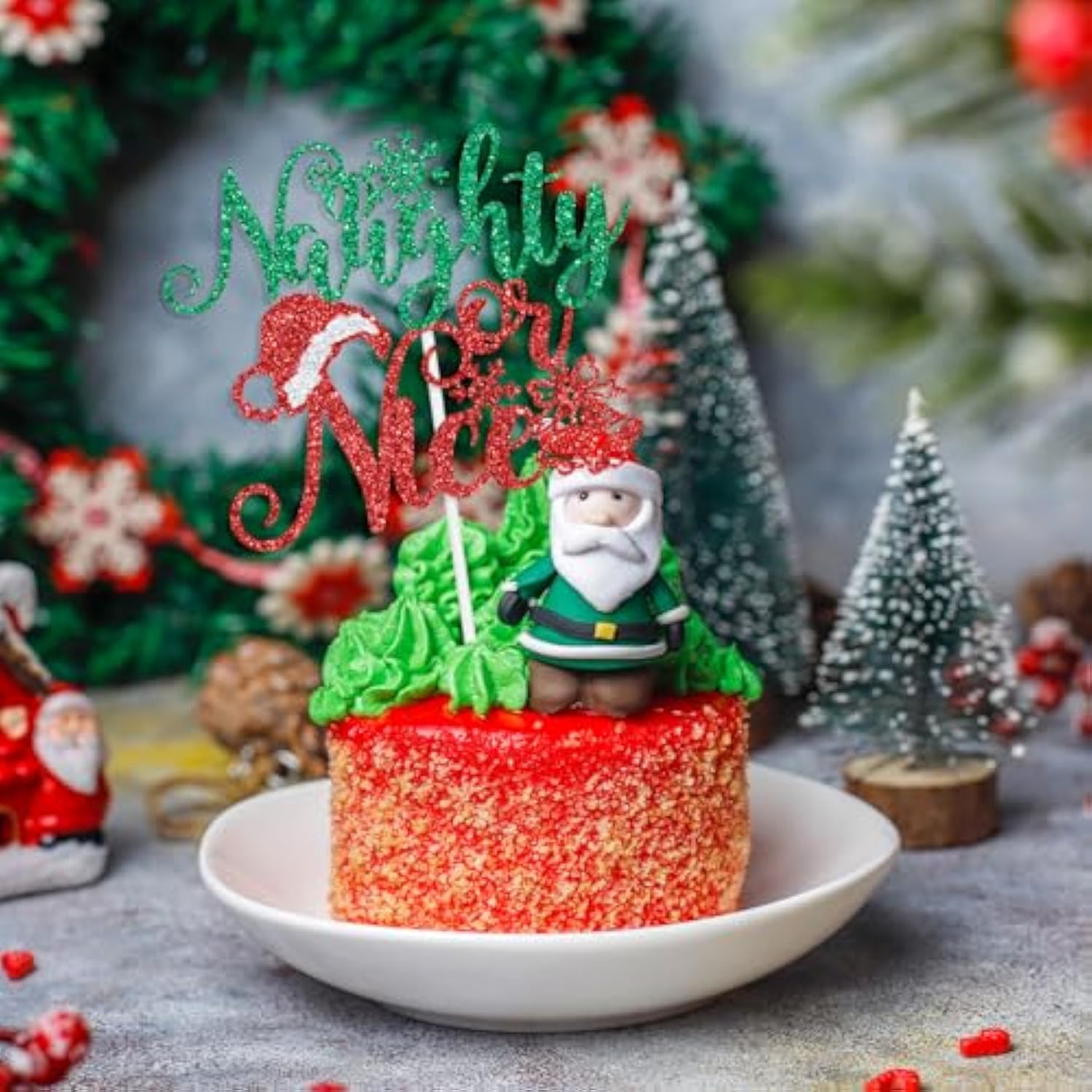 Red & Green Glitter "Naughty or Nice" Cake Topper Holiday & NYE Party Decor