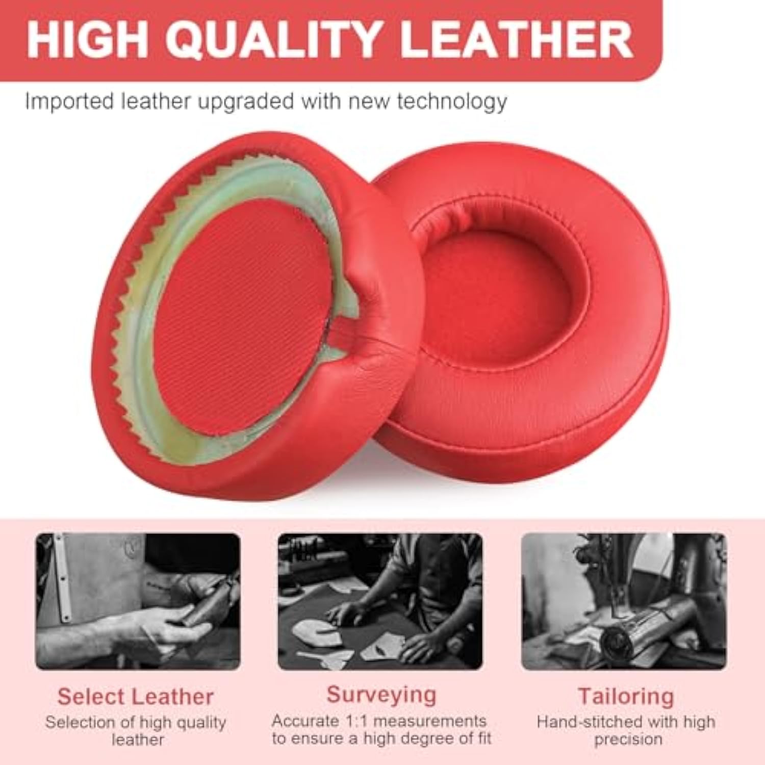 Ear Pads Ear Cushion Earpads Replacement Compatible With Beats By Dr Dre Pro Detox Headphones, Memory Foam Soft Protein Leather (Red)