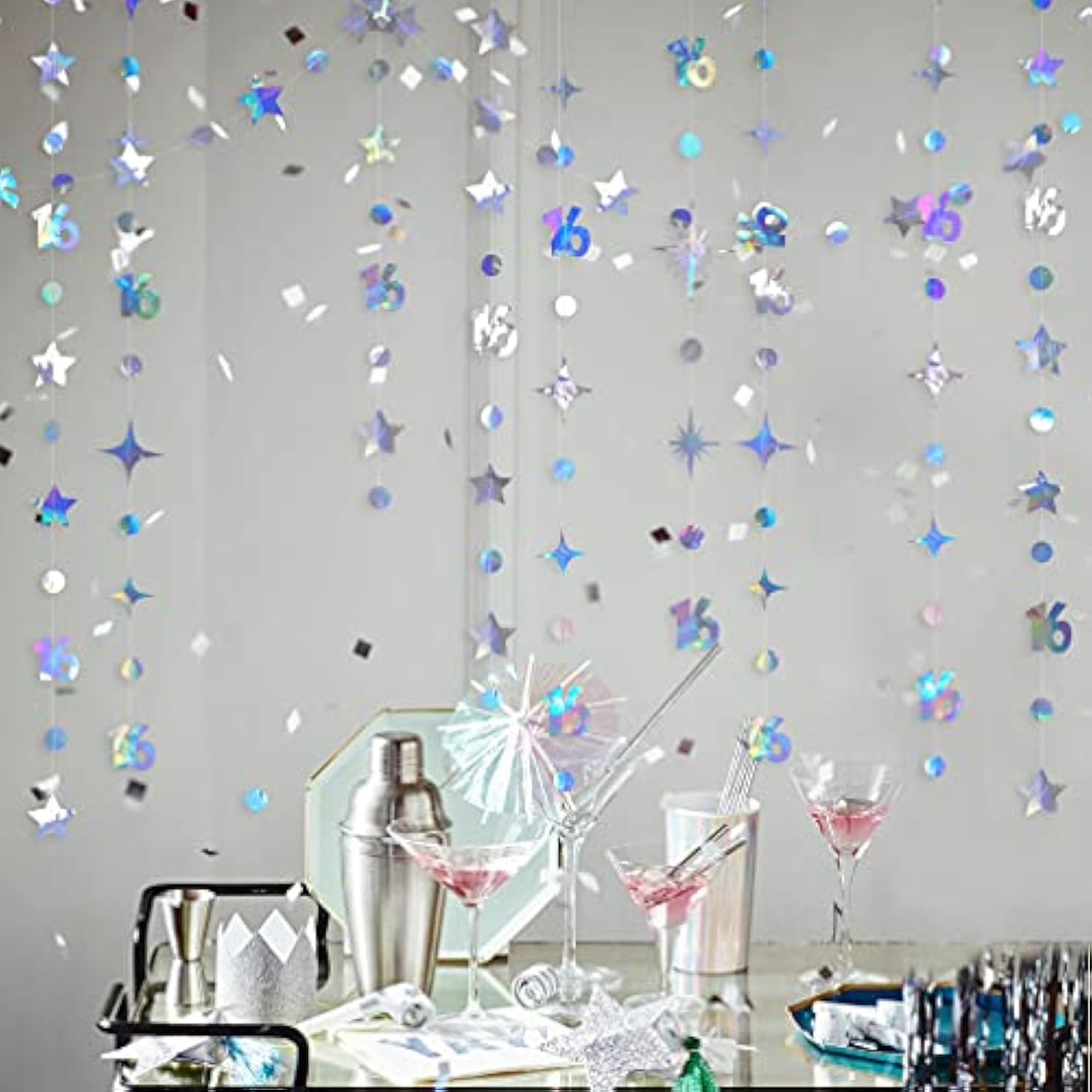 Iridescent Number 16 Circle Dot Twinkle Star Garland Kit Metallic Hanging Streamer Bunting Banner Backdrop Decorations For Girls 16Th Birthday Sweet Sixteen Wedding Anniversary Bridal Shower Party