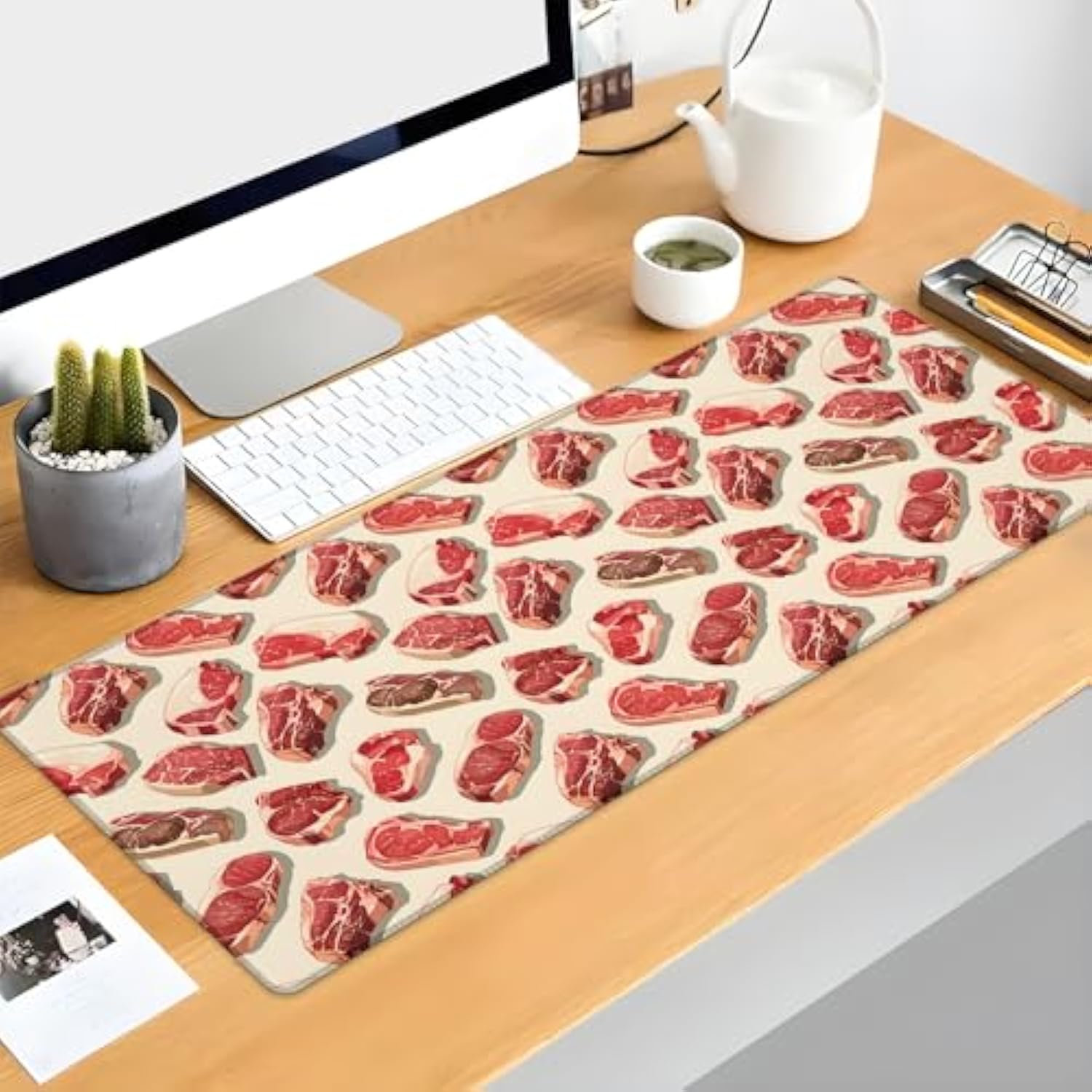Steak Pattern Gaming Mouse Pad Extended Desk Computer Keyboard Laptop Meat Print Mouse Pads For Gaming Home Office Work, Large Long Desk Mat Mousepad With Non-Slip Rubber Base 31.5×11.8Inch