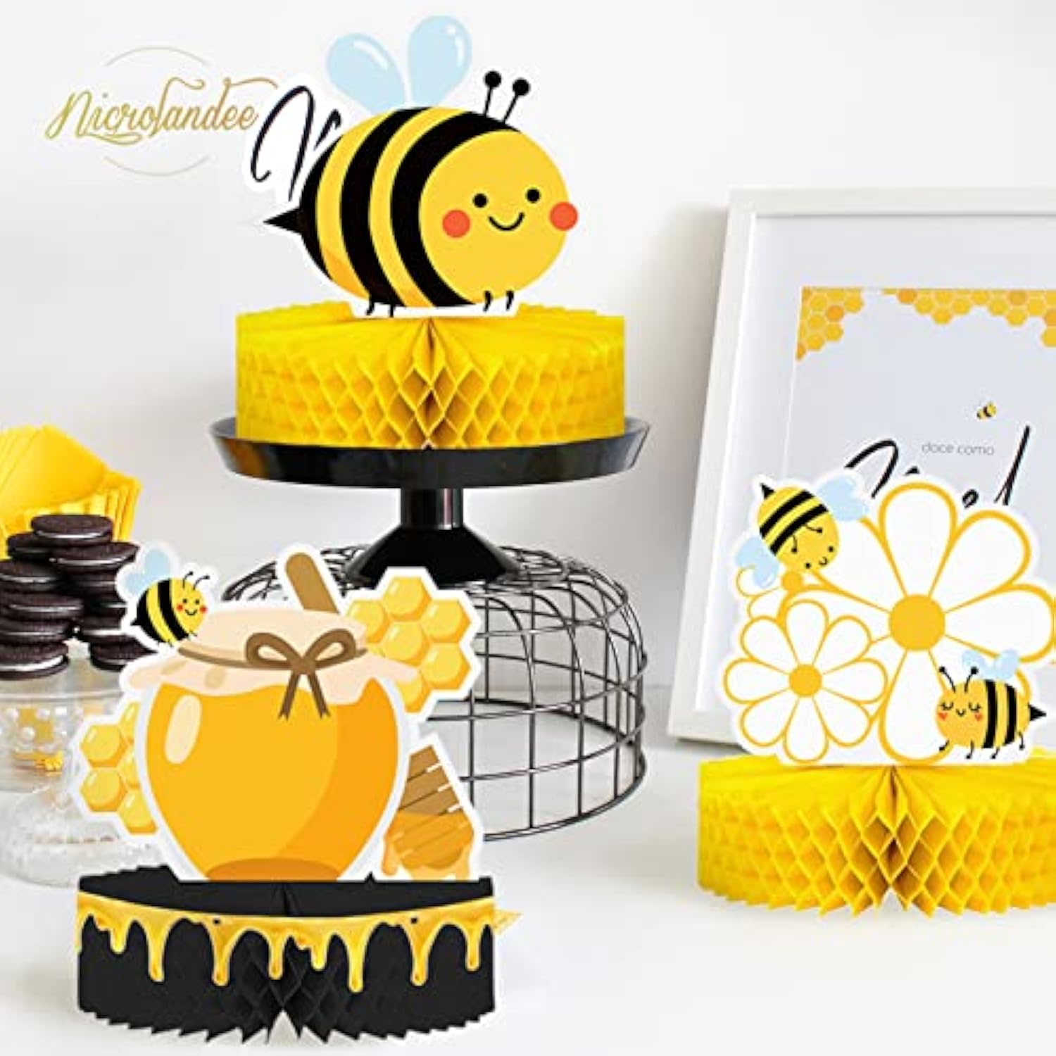 9-Piece Bumble Honeycomb Centerpieces - Table Decorations For Birthday Party, Baby Shower, Gender Reveal Party Supplies