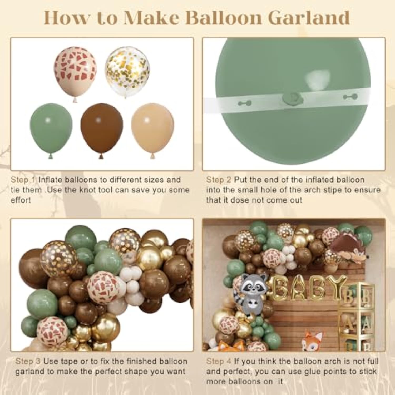 137pcs Woodland Baby Shower Decor, Sage Green Brown Balloons & Animal Foil Balloons