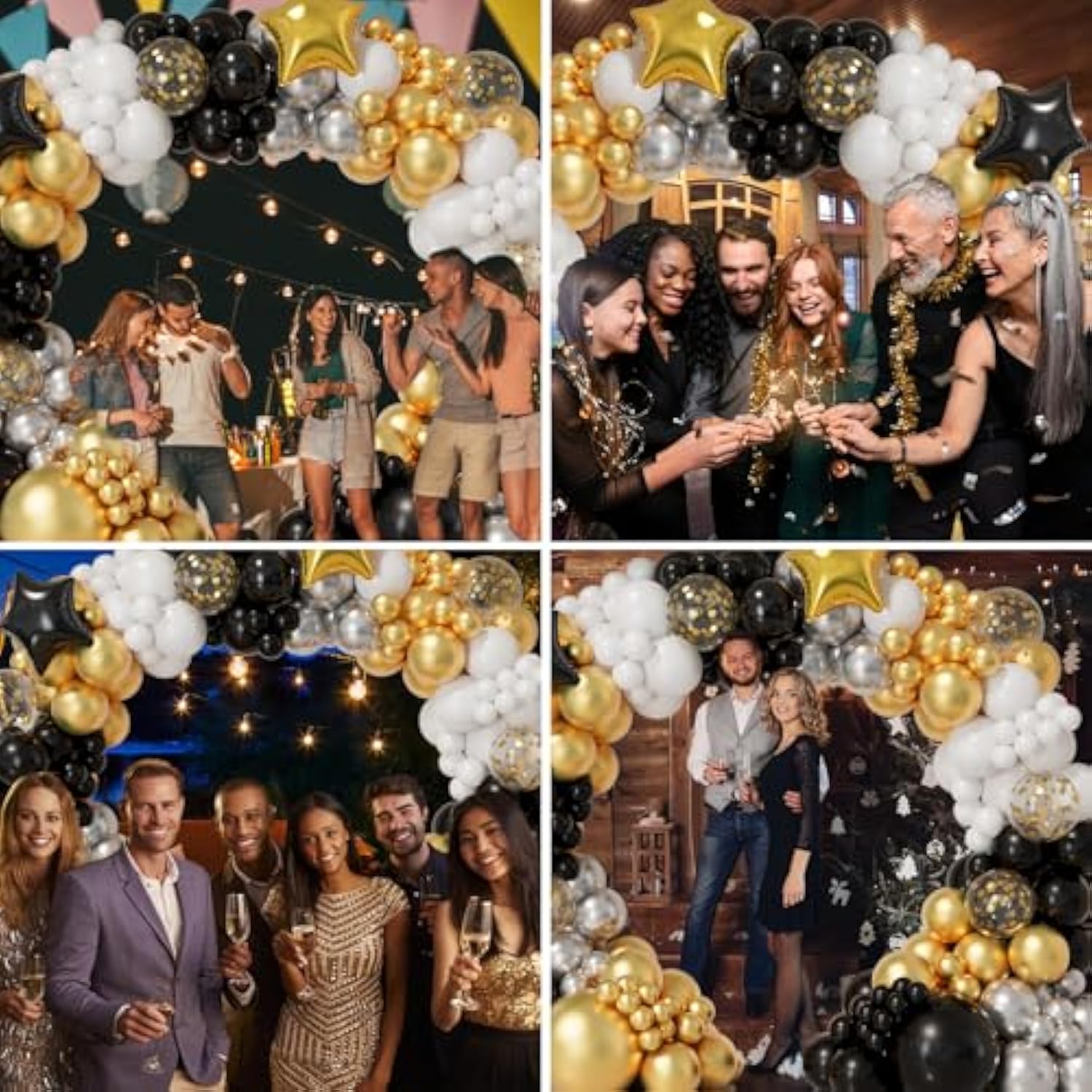 152pcs New Year Balloon Garland Arch Kit Black Gold White Silver Confetti Decor