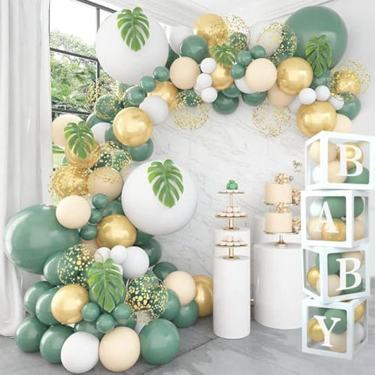 Sage Green Baby Shower Decorations - 4Pcs Baby Boxes With Letters For Boy Girl, Sage Green And White Balloon Arch Kit Decor, Woodland Birthday Party Decorations 117Pcs