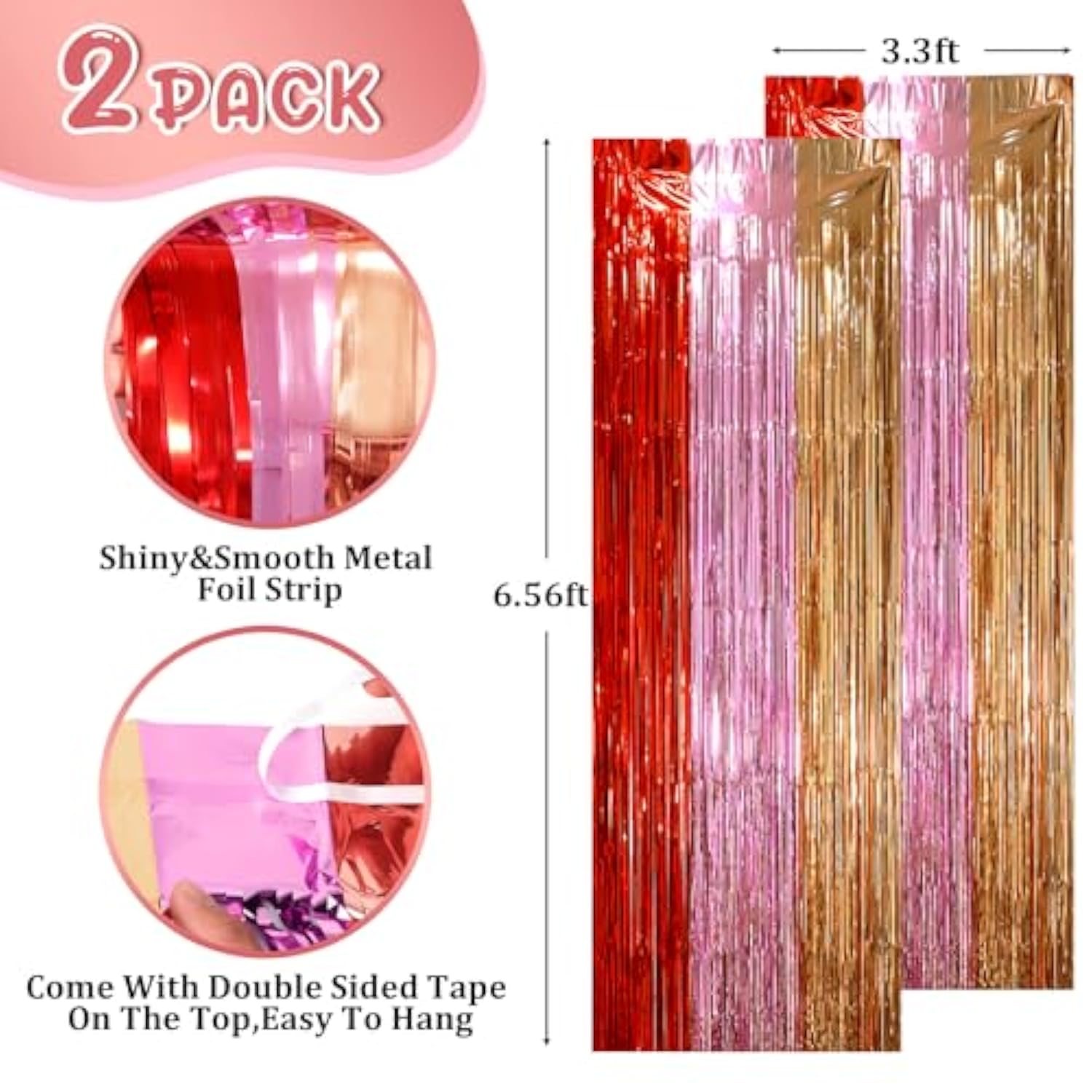 2 Pack Valentine Foil Fringe Backdrop Curtains, Tinsel Streamers Party Decorations, Fringe Backdrop, Door Shimmer For Valentine Or Birthday Party