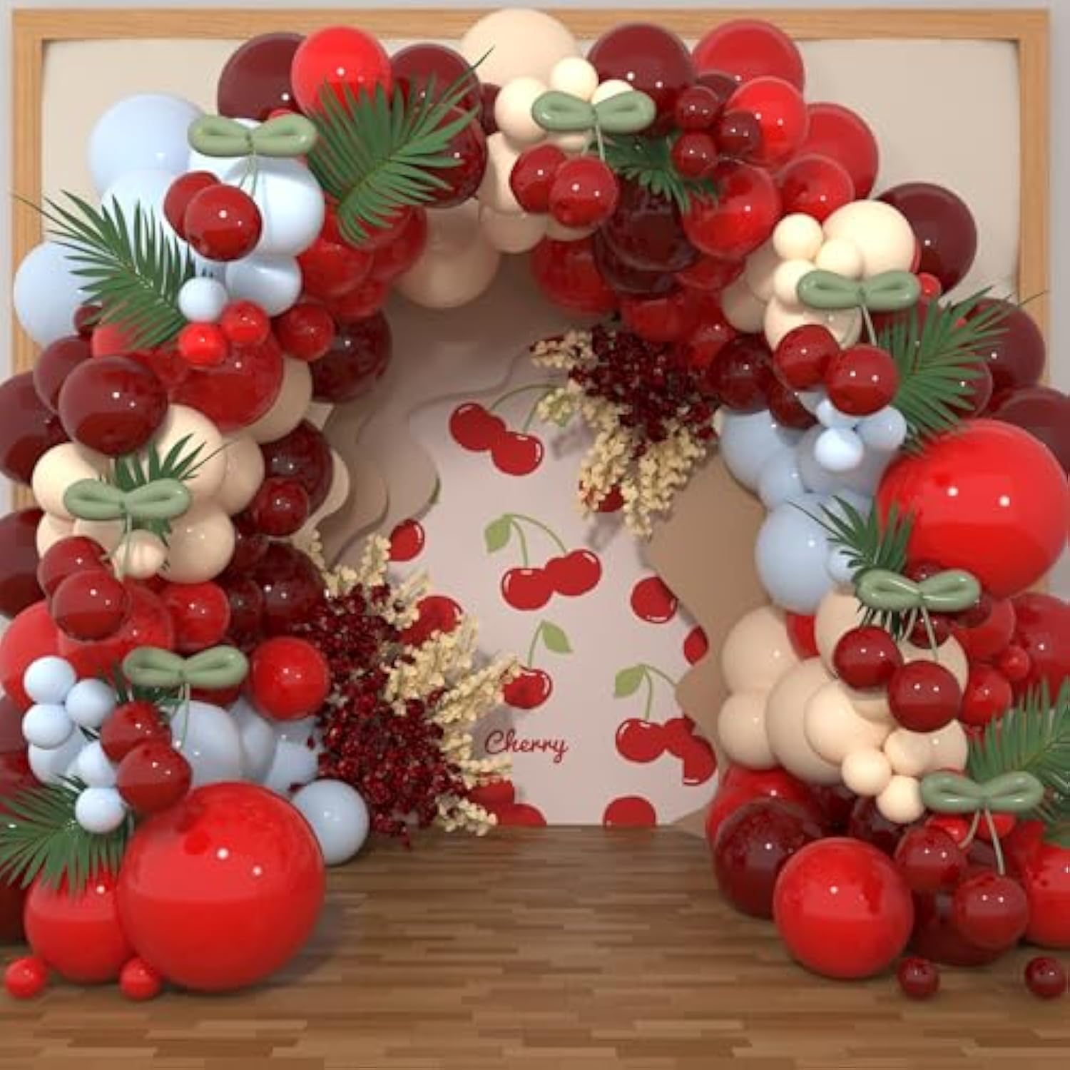 Cherry Balloon Garland Arch Kit, 169Pcs Ruby Red Blue Beige With Avocado Ruby Red Long Latex Balloons For Birthday Baby Shower Wedding Valentines Day Anniversary Cherry On Top Party Decorations