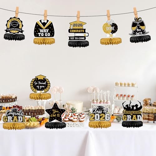 10Pcs Graduation Decorations 2026 Class of 2026 Congrats Grad Table Honeycomb Centerpieces Graduation Party Supplies for kindergarten K-12th College Any Grade Black