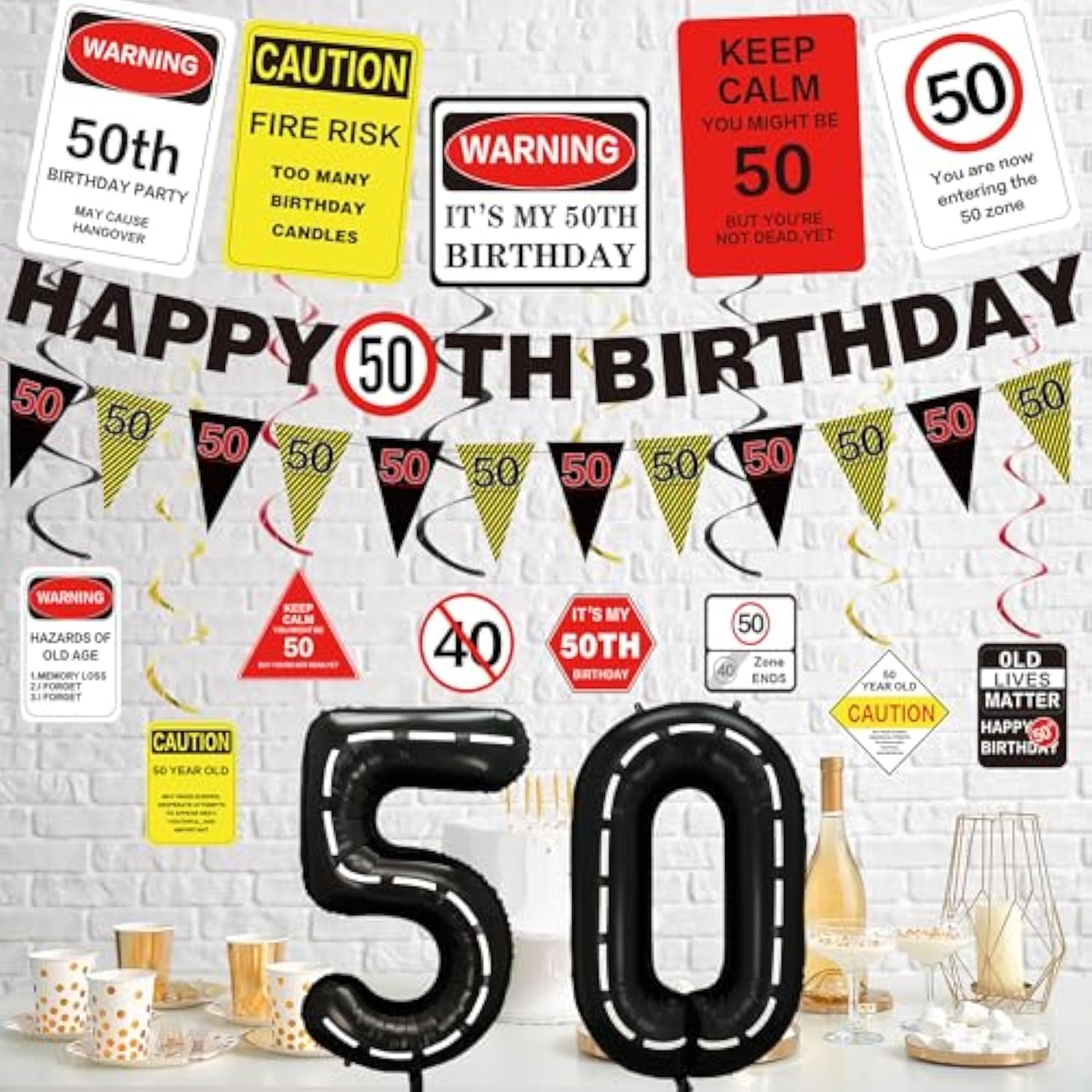 50Th Birthday Party Decorations Men Women, Caution Logos 50Th Birthday Banner Balloons Hanging Swirls Kit, Funny 50 Years Old Wall Signs For Adults, Happy 50Th Birthday 50 Zone Backdrop Decor