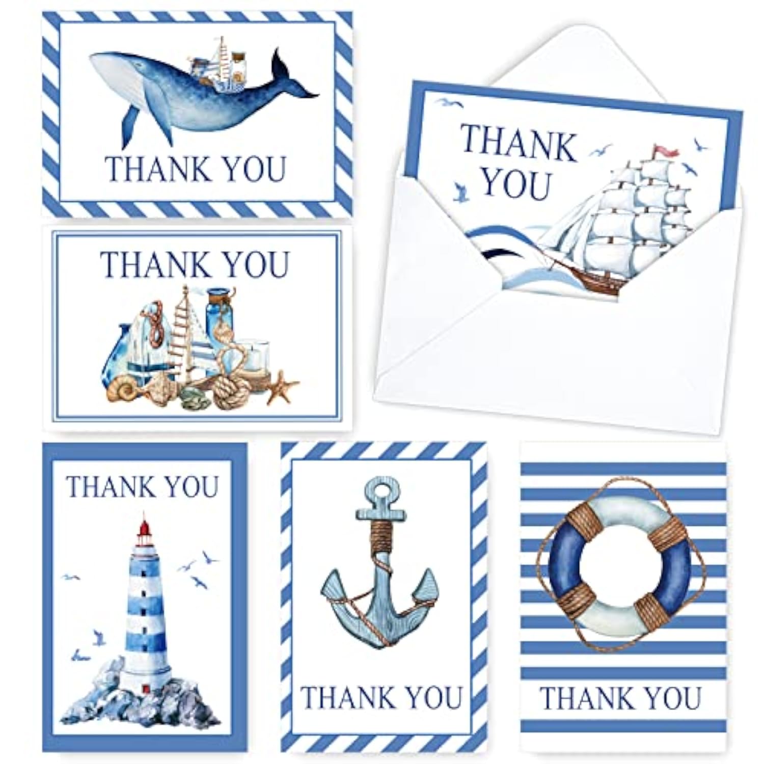 Cruise Staff Thank You Cards Set With Stickers Envelopes 24 Pack Blue Nautical Thank You Note Cards For Express Thanks To Ship Staff Birthday Baby Shower Party, 4 X 6 Inch