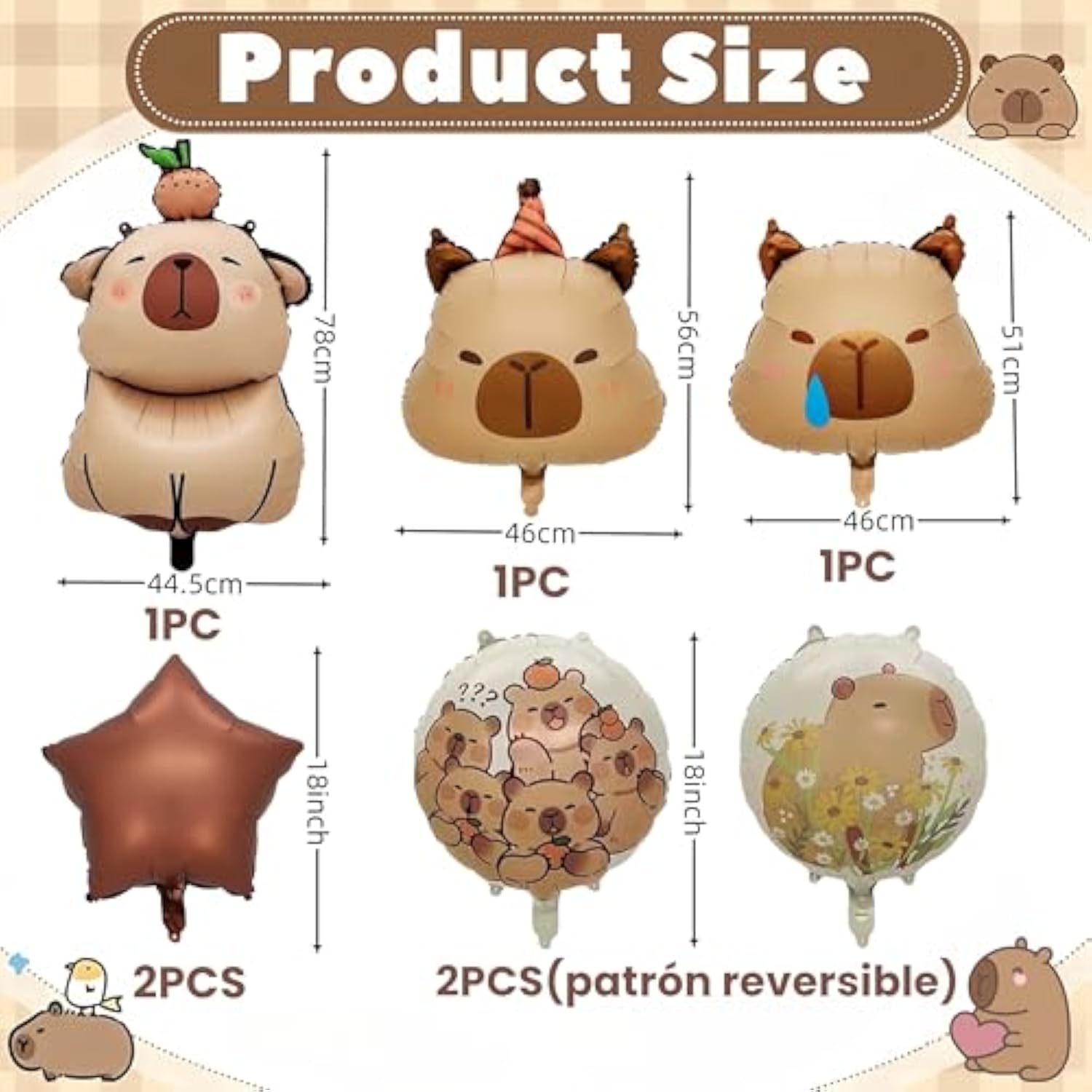 7-Pc 24" Capybara Foil Balloon Set Cute Animal Party Decorations