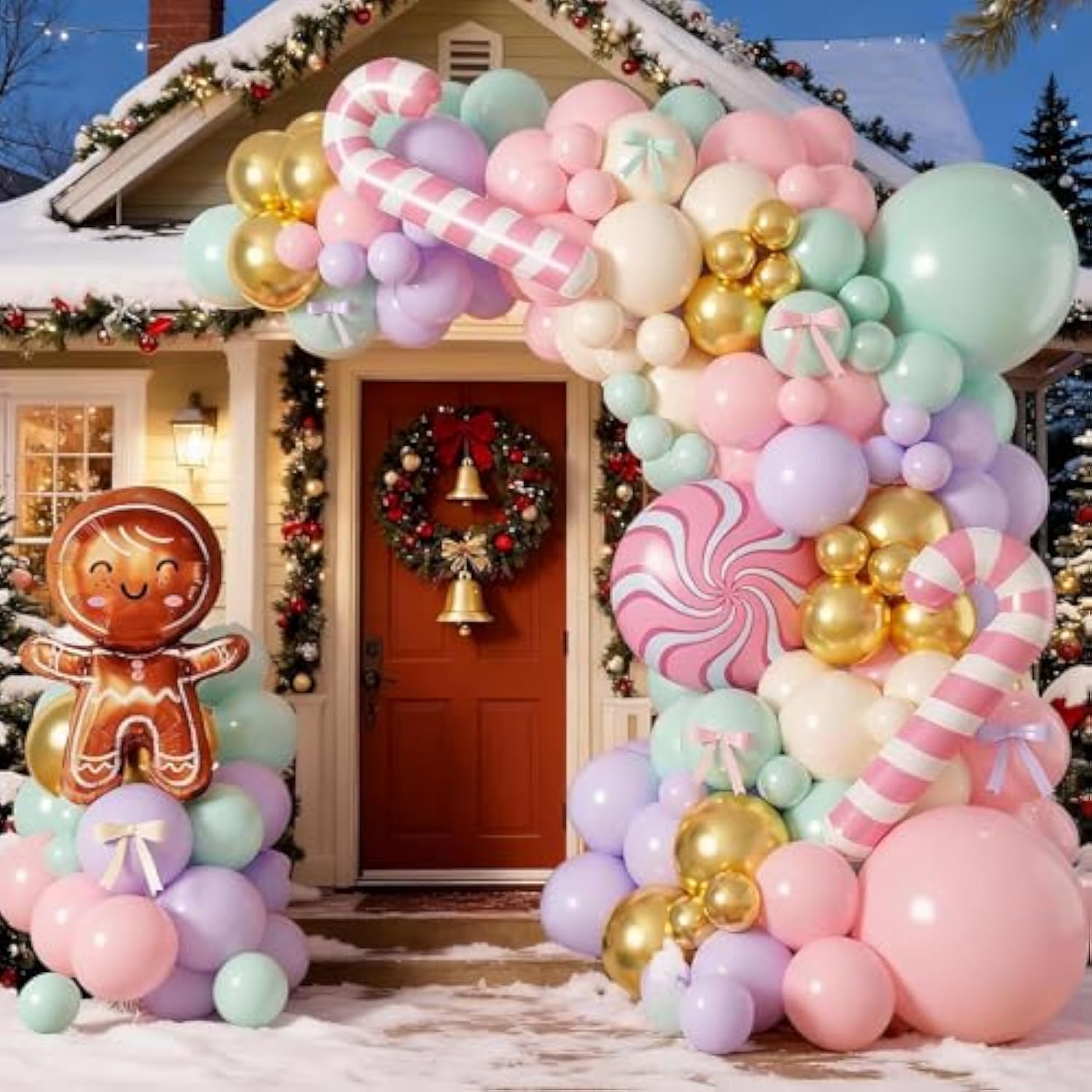 Christmas Balloon Garland Kit Gingerbread Arch with Pastel Metallic Balloons