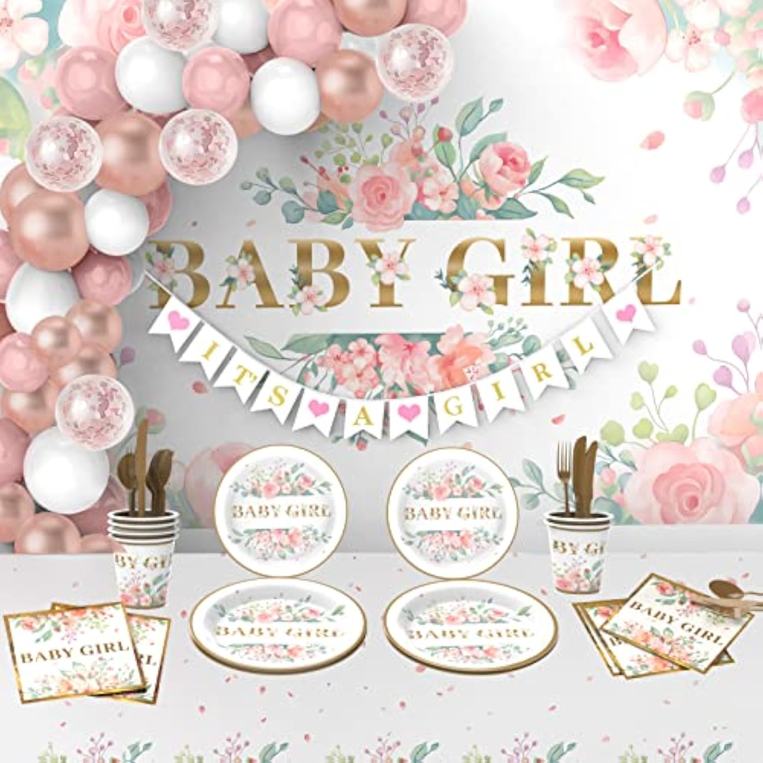 242PCS Floral Girl Baby Shower Decor Set with Tableware, Banner & Balloons