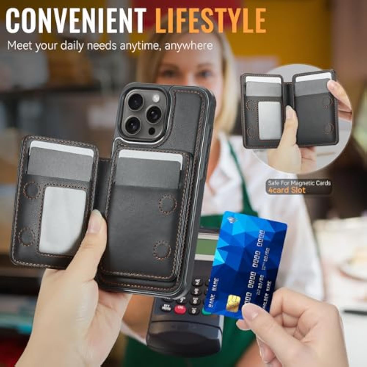 Compatible With Magsafe Wireless Charing For Iphone 15 Pro Max 6.7" Wallet Case, Rfid Blocking Card Holder 2 In 1 Detachable Wallet Kickstand Shockproof Case, Black