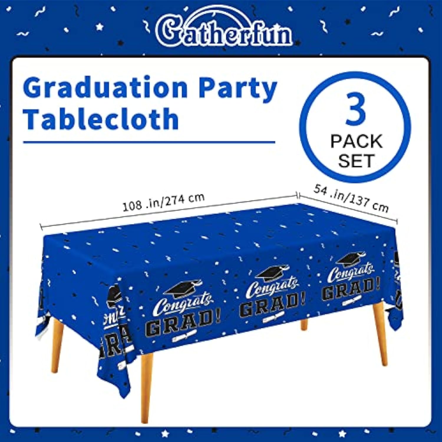 Graduation Decorations 2026, Gongrats Grad Tablecover For Graduation Party Supplies, 3 Pcs Class Blue Table Cloths, 54"X108"