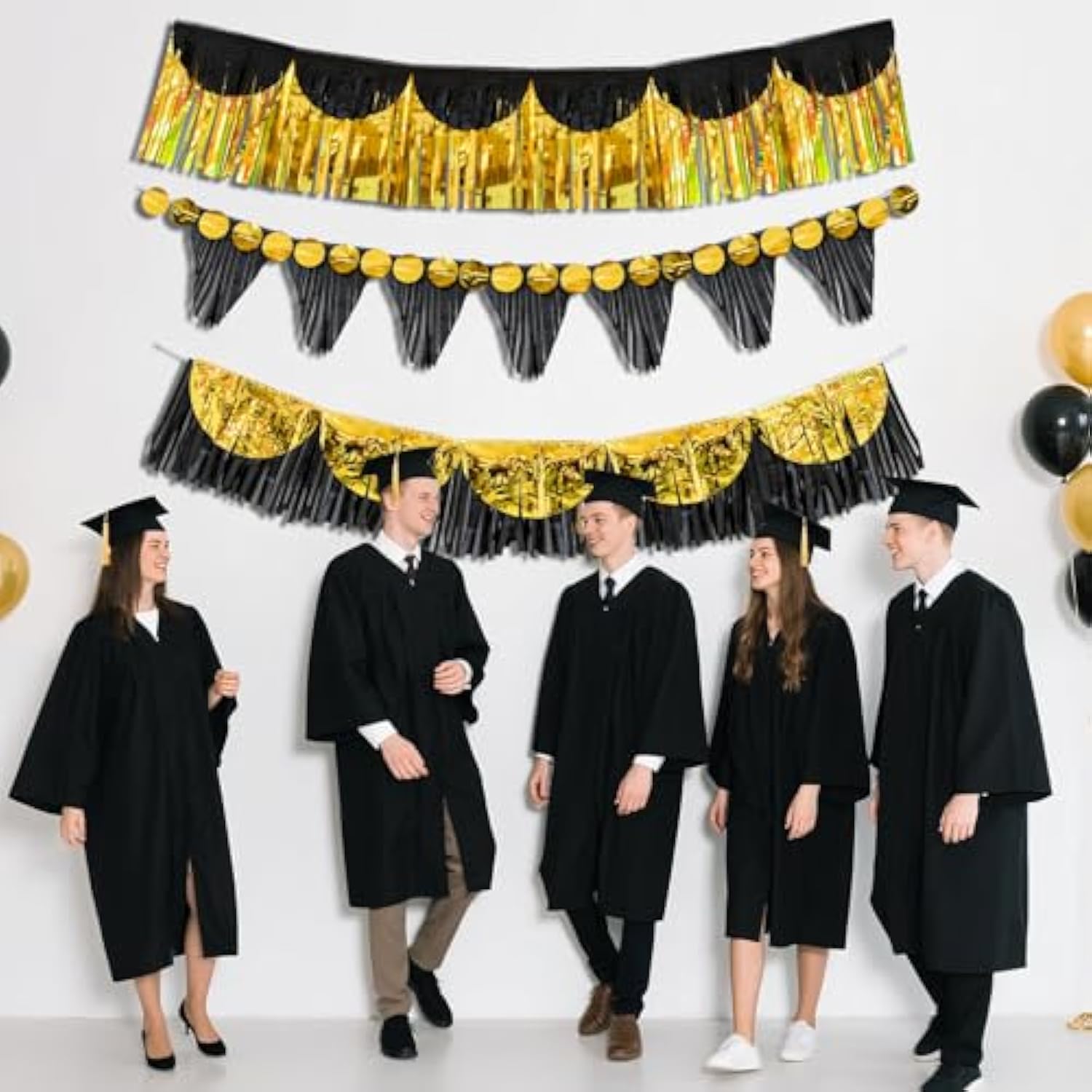Black Gold Party Decorations 6pcs 6ft Metallic Fringe Tassel Banner Set