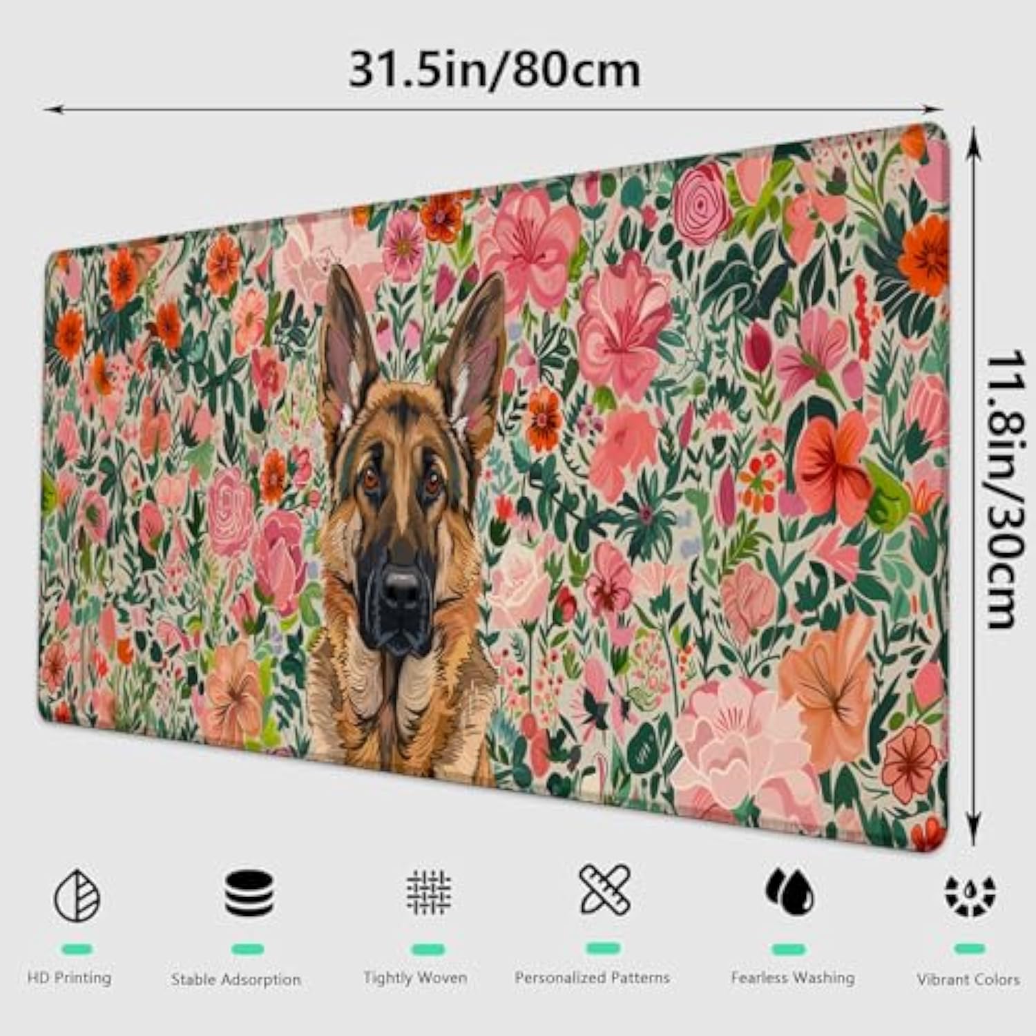 Cute Dog Gaming Mouse Pad, Large Office Desktop Puppy Mousepad For Computer Laptop, Extended Work Desk Mat With Anti-Slip Base, Decorative Desk Pad 31.5×11.8 In (German Shepherd Floral)