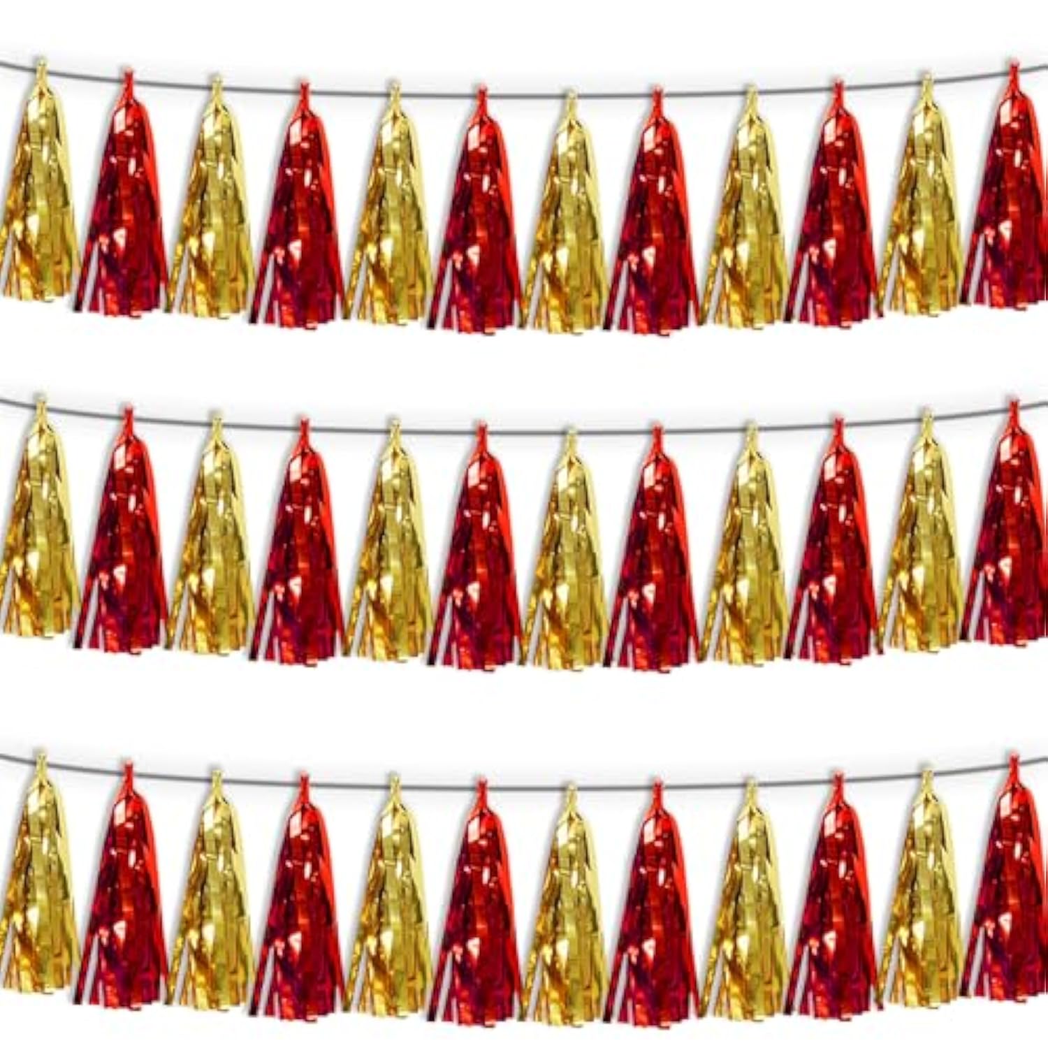 3P Red Gold Tassel Banner Garland Metallic Foil Fringe Banner Tinsel Tassels Streamer Banner Backdrop For Parade Floats Graduation Halloween, Christmas, Baby Bridal Shower Party Decorations