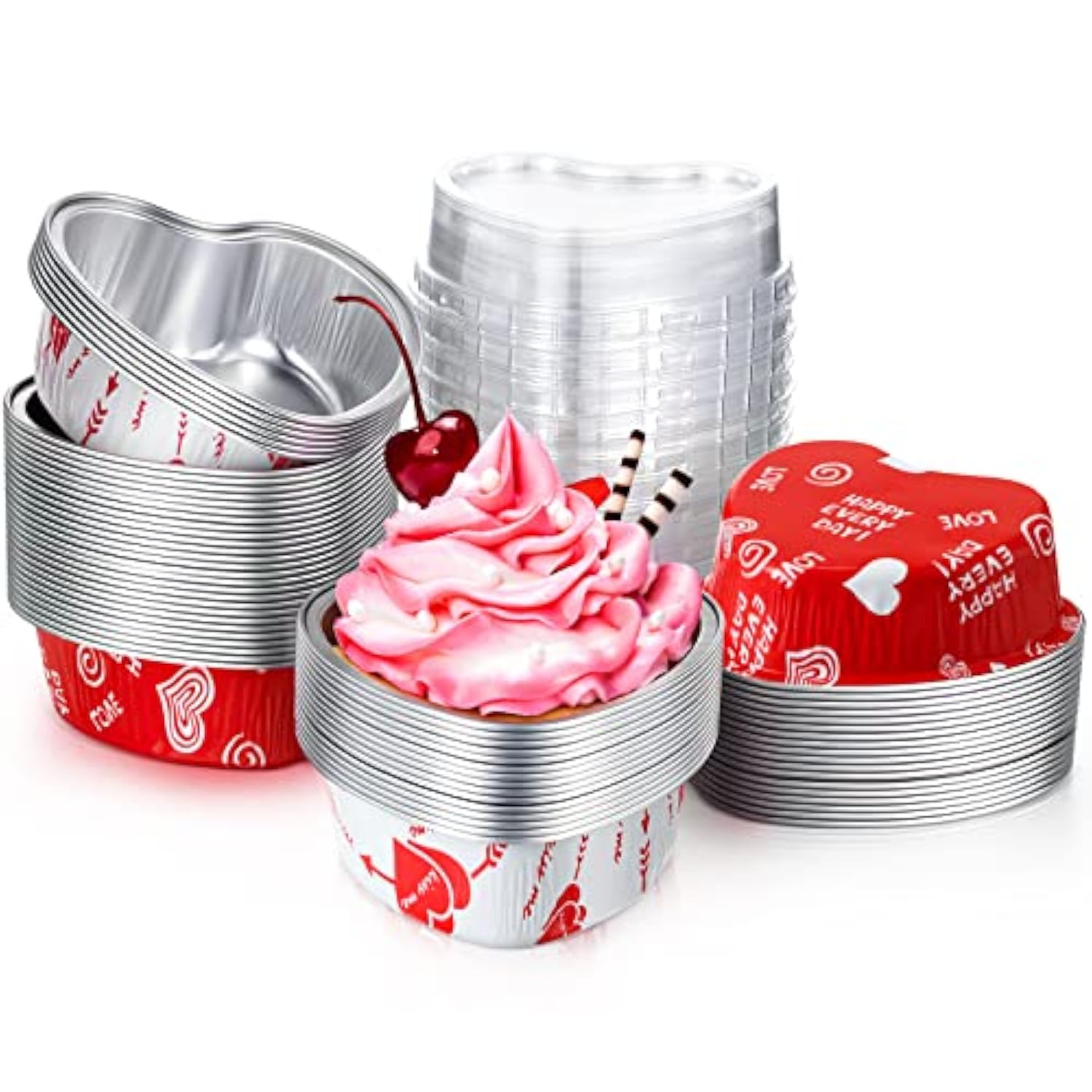 100 Sets Valentine'S Day Heart Baking Pan Heart Shaped Cake Pan Mini Aluminum Foil 3.4Oz Disposable Cupcake Tin With Lids For Wedding Mother'S Day Party(Vivid Style,Red, White)