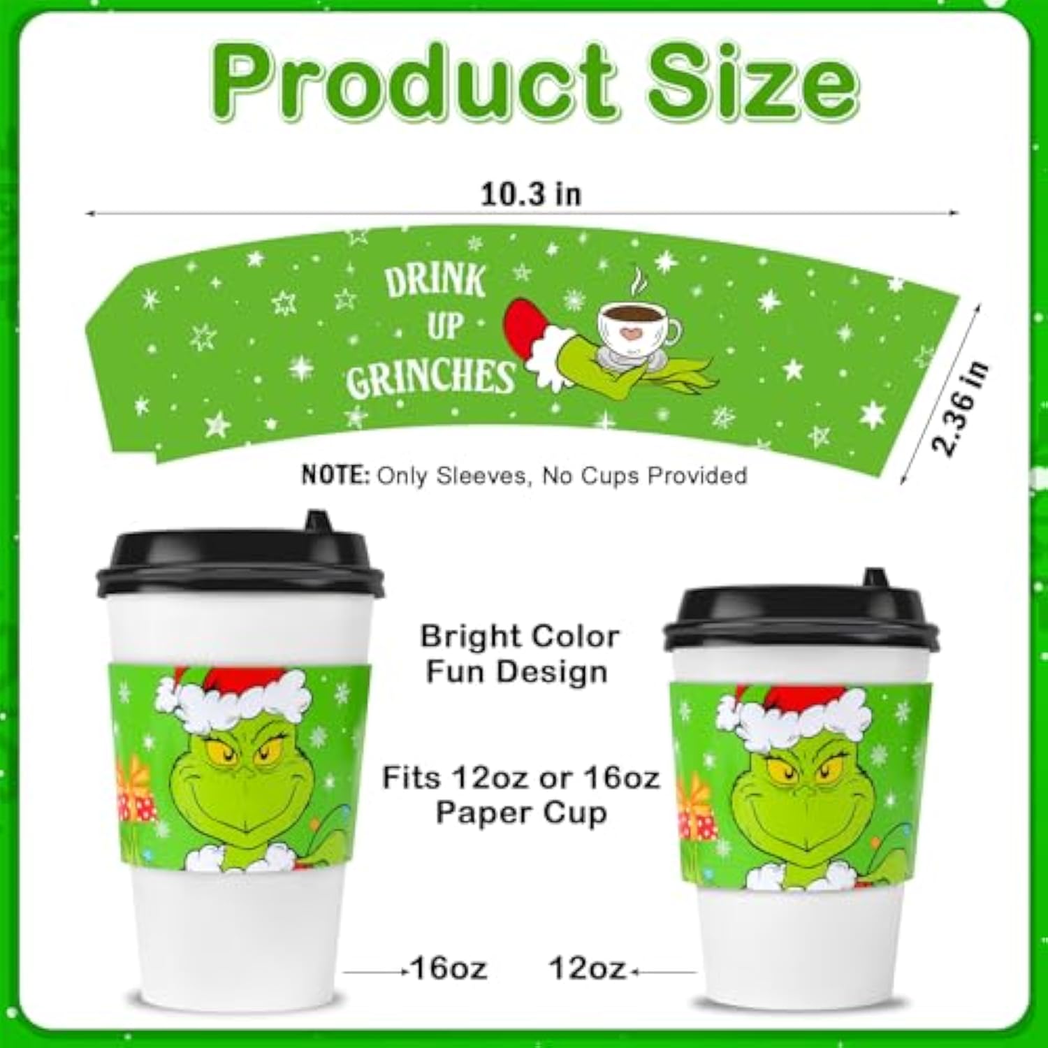 48 Pcs Christmas Coffee Tea Cup Sleeves Green Cartoon Character Christmas Cup Sleeves For 12 & 16Oz Disposable Paper Cup For Christmas Party Hot Chocolate Cocoa Cold Beverage