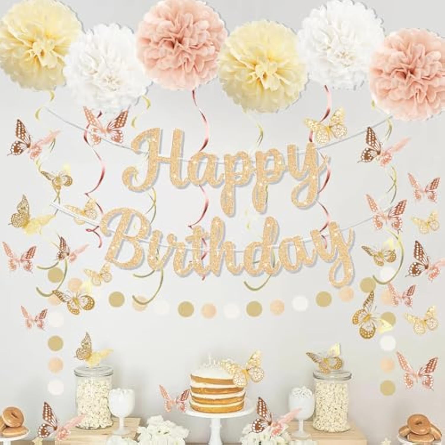 Champagne Gold Birthday Decorations For Women, Pre-Strung Happy Birthday Banner With Tissue Paper Pompoms?Hanging Swirl Streamers, 3D Butterfly Decorations, Beige Boho Birthday Party Supplies