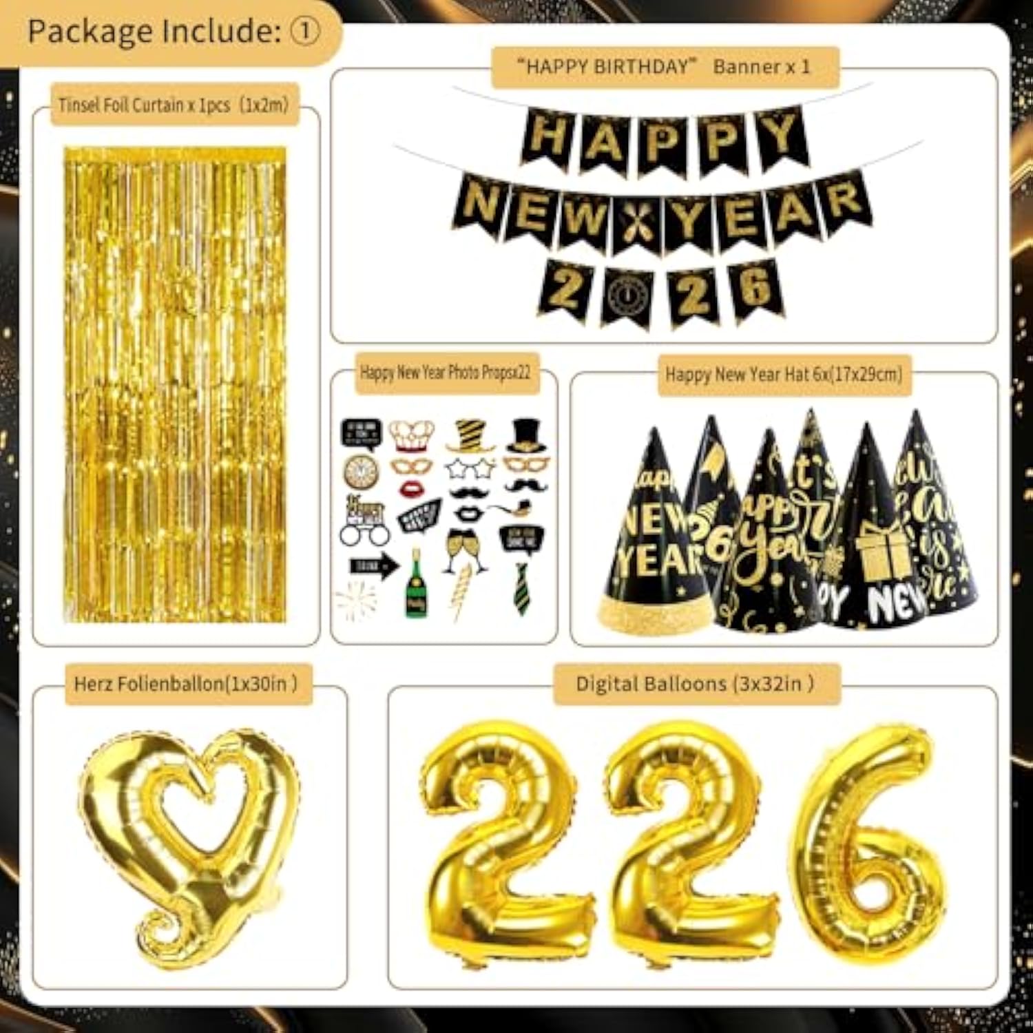 New Years Eve Party Supplies 2026, Black Gold 2026 Happy New Years Decorations Set Happy New Year Banner, Hats, Glasses, Blowouts, Latex Balloons, Curtains, Numbers 2026 Balloons, New Year Photo Props
