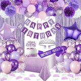86pcs Purple Party Decor - Balloons, Banner, Sash, Crown, Tablecloth & More