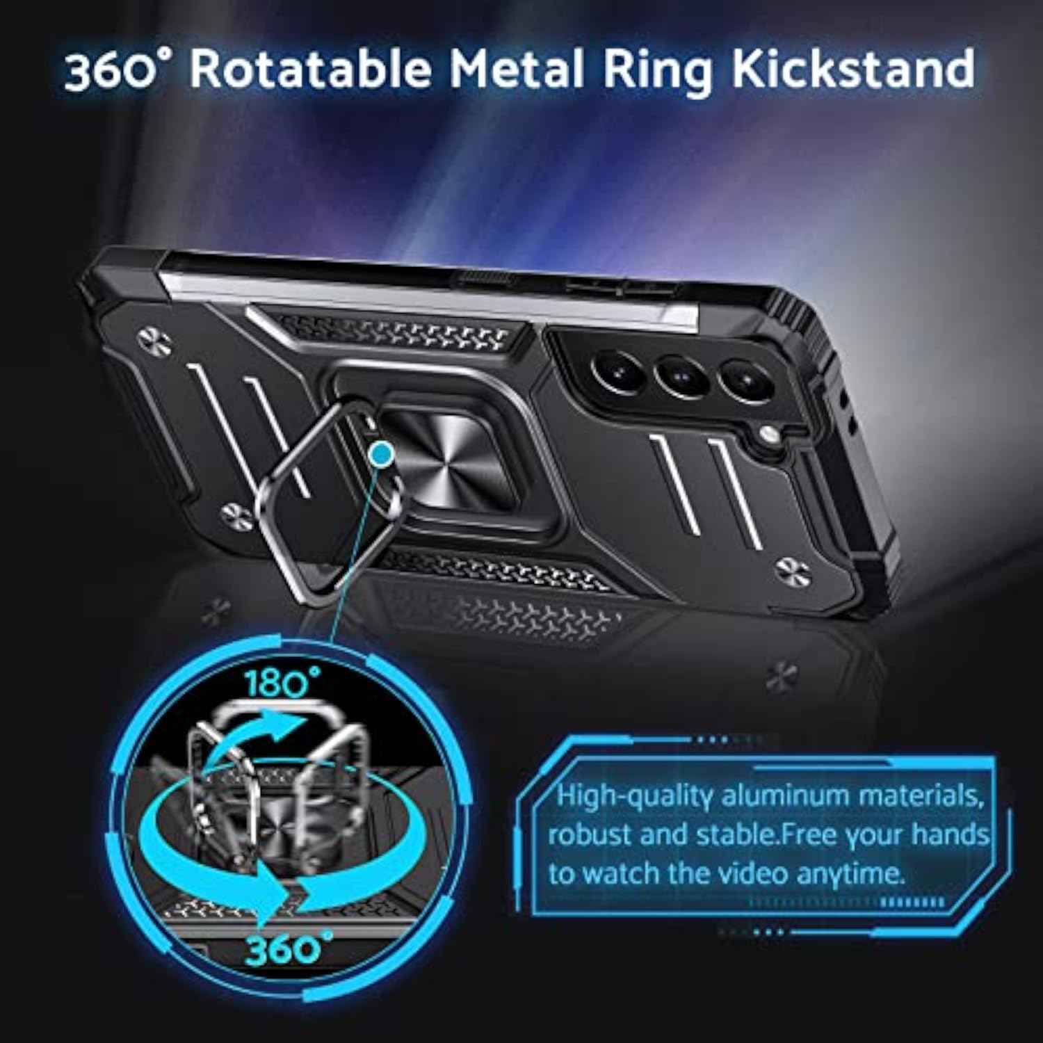 Galaxy S21 Phone Case with Stand, Military Grade Impact Resistant, 360° Rotatable Metal Ring Kickstand, Shockproof Protective Cover for Samsung Galaxy S21, Black