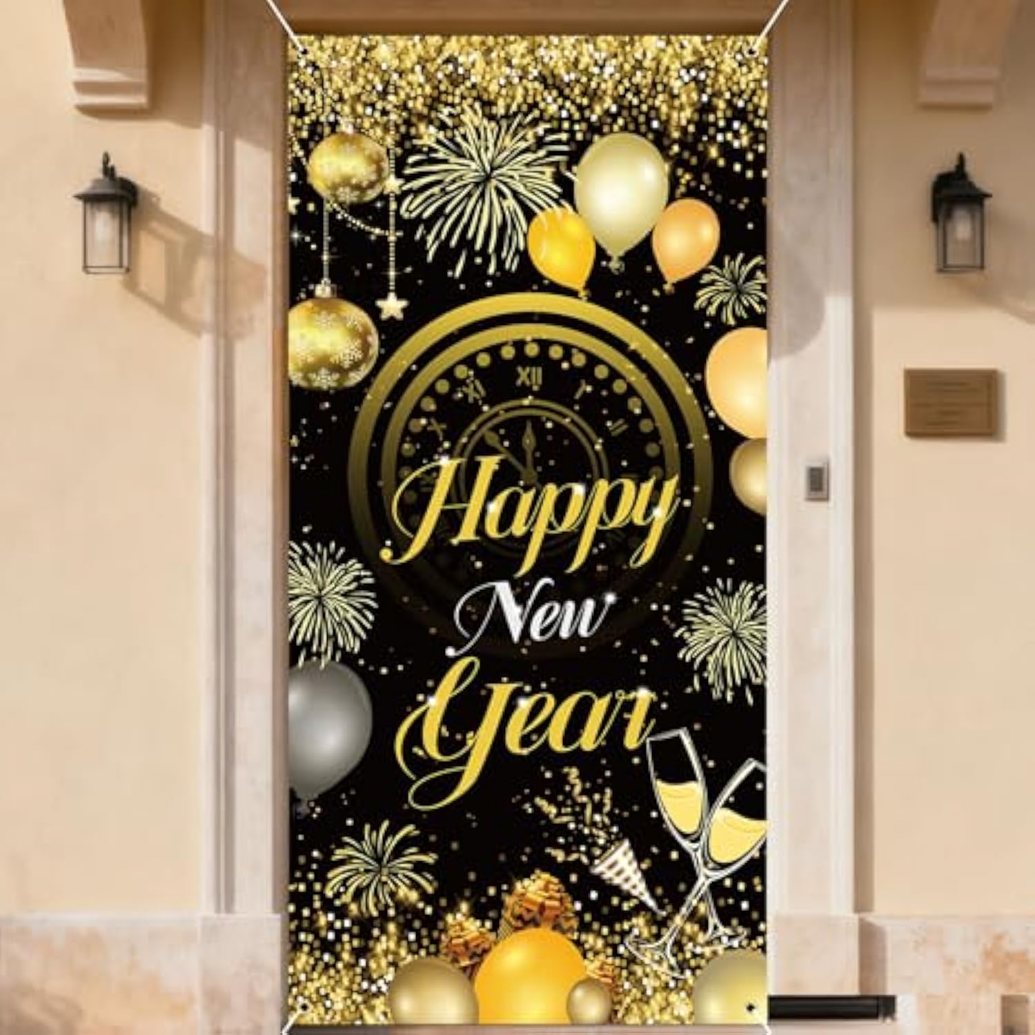 Happy New Year Door Cover 72x35 Inch Black Gold Balloon Firework Banner